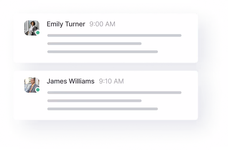 Two chat messages from Emily Turner at 9:00 AM and James Williams at 9:10 AM, each with user profile pictures and status indicators.